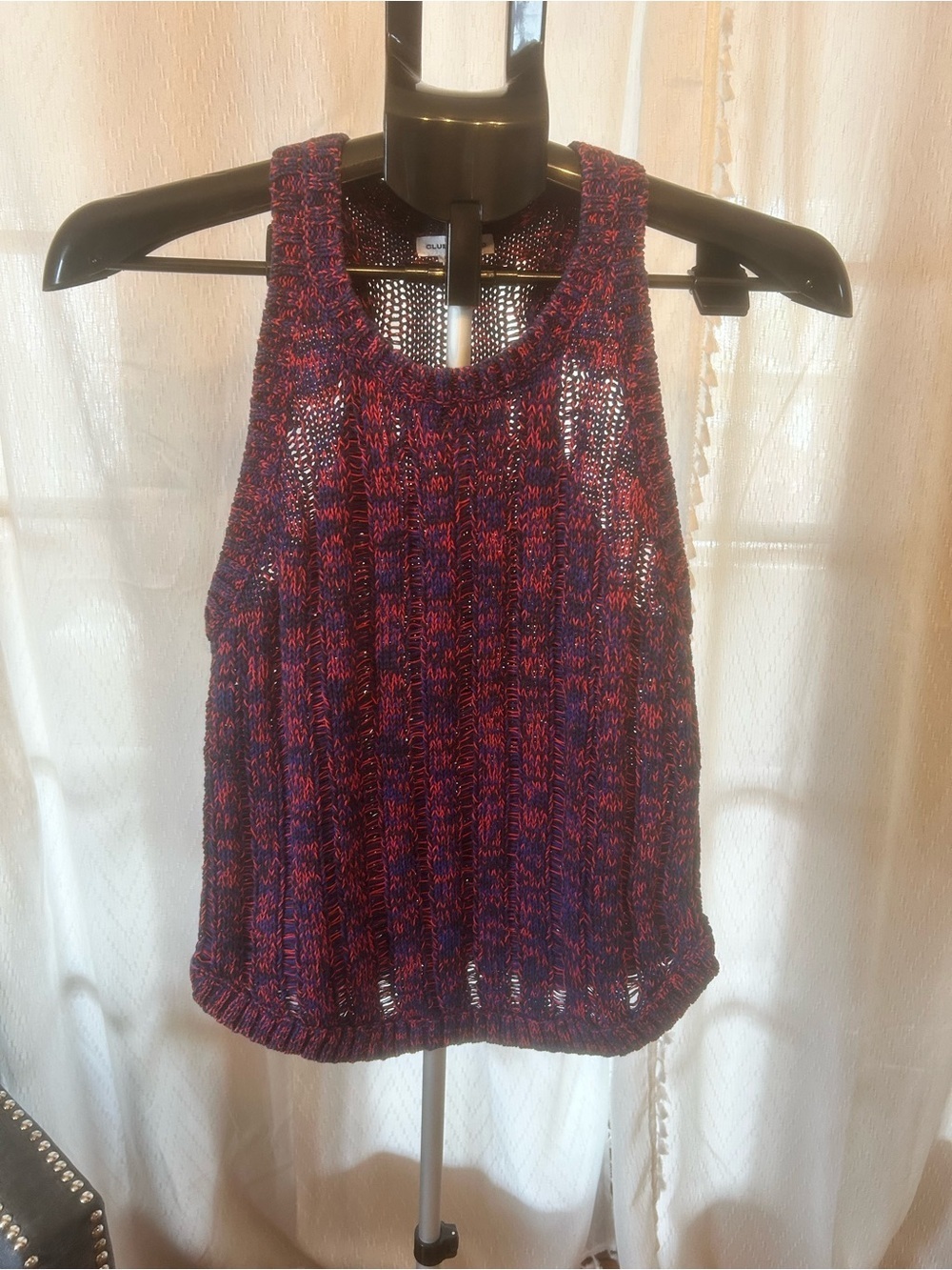 Club Monaco Shirt Open Knit Tank Navy and Purple with Red Flecks - Size Small